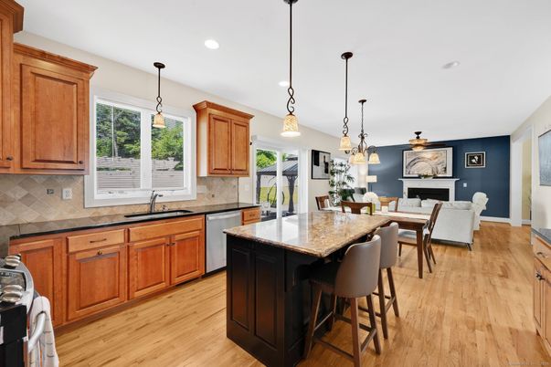 Dining room, Fireplace, Interior, Kitchen, Pendant Lights, Recessed Lighting, Wood Texture Flooring