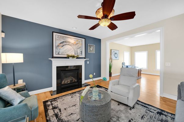 Fireplace, Interior, Living room, Recessed Lighting, Wood Texture Flooring