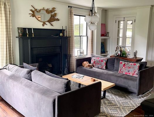 Fireplace, Interior, Living room, Pendant Lights, Wood Texture Flooring