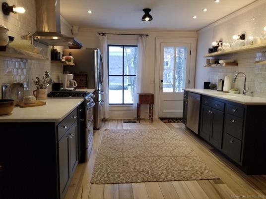 Interior, Kitchen, Recessed Lighting, Stainless Steel Appliances, Wood Texture Flooring