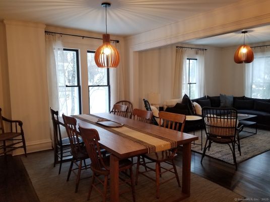 Dining room, Interior, Living room, Pendant Lights, Wood Texture Flooring