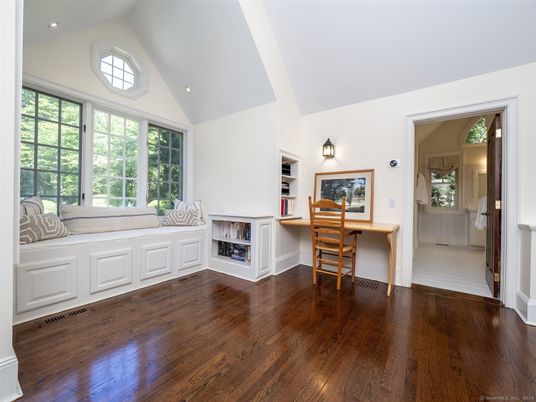 Fireplace, Home Office, Interior, Recessed Lighting, Wood Texture Flooring