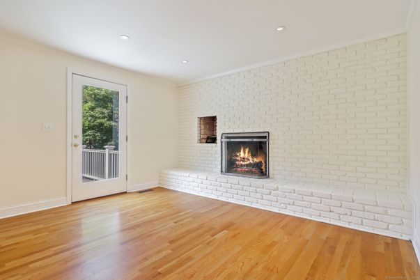 Empty room, Fireplace, Interior, Recessed Lighting, Wood Texture Flooring