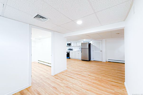 Empty room, Interior, Kitchen, Recessed Lighting, Wood Texture Flooring
