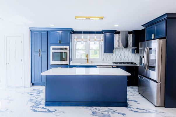 Interior, Kitchen, Marble, Pendant Lights, Recessed Lighting, Stainless Steel Appliances