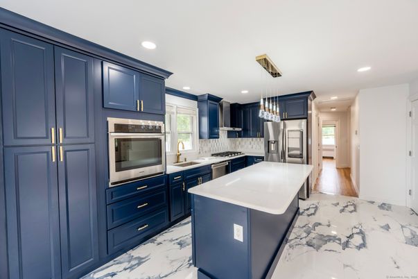 Interior, Kitchen, Marble, Pendant Lights, Recessed Lighting, Stainless Steel Appliances