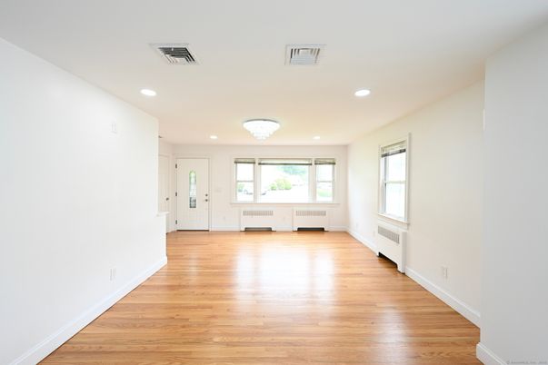 Chandelier, Empty room, Interior, Recessed Lighting, Wood Texture Flooring