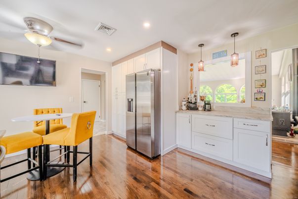 Interior, Kitchen, Pendant Lights, Recessed Lighting, Stainless Steel Appliances, Wood Texture Flooring