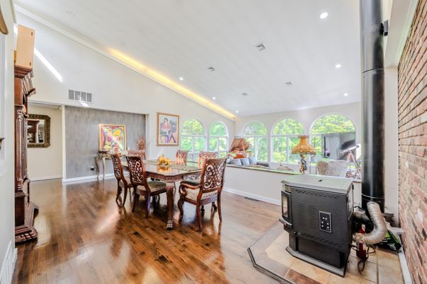 Dining room, Interior, Recessed Lighting, Stone Walls, Wood Texture Flooring