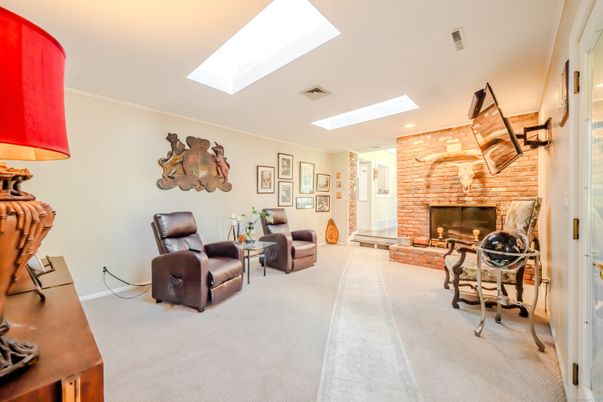 Fireplace, Interior, Living room, Recessed Lighting, Stone Walls