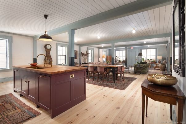 Dining room, Interior, Kitchen, Living room, Pendant Lights, Wood Texture Flooring