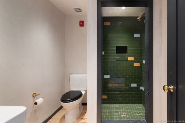 Bathroom, Glass Shower, Interior, Recessed Lighting, Wood Texture Flooring