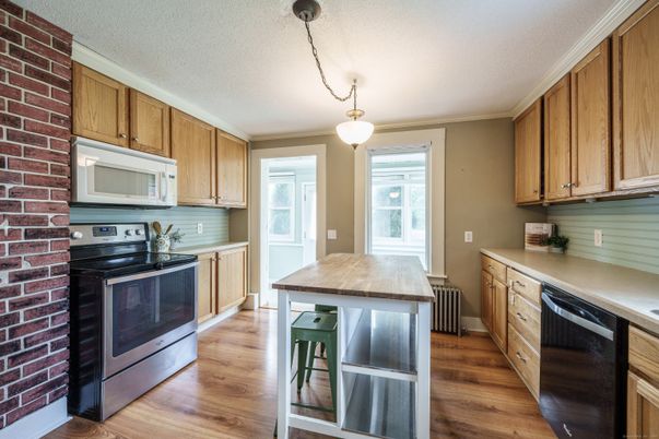 Interior, Kitchen, Pendant Lights, Stone Walls, Wood Texture Flooring