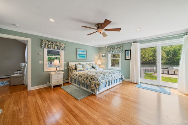 Bedroom, Interior, Recessed Lighting, Water, Wood Texture Flooring