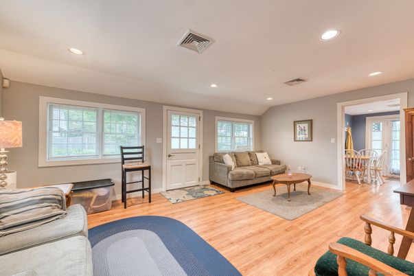 Dining room, Interior, Living room, Recessed Lighting, Wood Texture Flooring