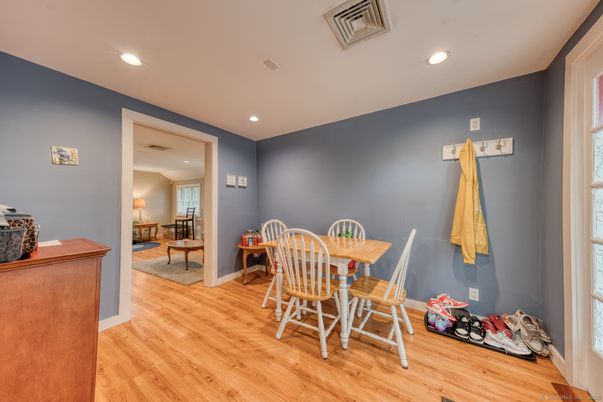Dining room, Interior, Recessed Lighting, Wood Texture Flooring