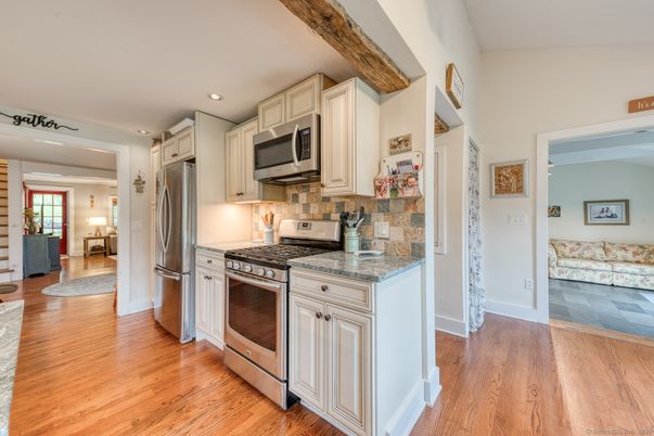 Interior, Kitchen, Recessed Lighting, Stainless Steel Appliances, Wooden Beams, Wood Texture Flooring