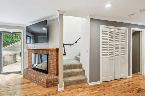 Fireplace, Interior, Recessed Lighting, Wood Texture Flooring