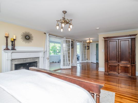 Bedroom, Chandelier, Fireplace, Interior, Wood Texture Flooring