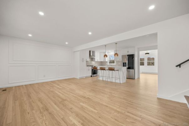 Empty room, Interior, Kitchen, Pendant Lights, Recessed Lighting, Wood Texture Flooring