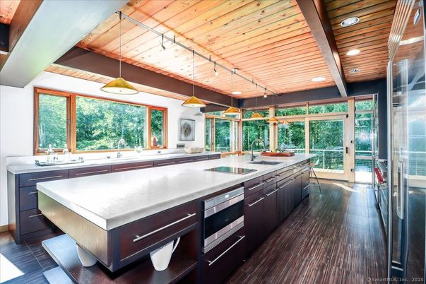 Interior, Kitchen, Pendant Lights, Recessed Lighting, Stainless Steel Appliances, Wooden Ceilings, Wood Texture Flooring