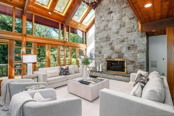 Fireplace, Interior, Living room, Recessed Lighting, Stone Walls, Wooden Beams, Wooden Ceilings