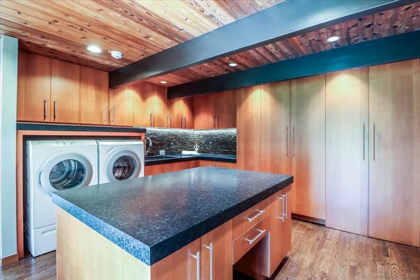 Interior, Kitchen, Recessed Lighting, Washer, Wooden Ceilings, Wood Texture Flooring