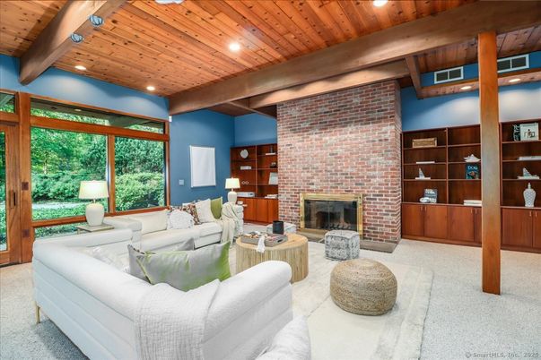 Fireplace, Interior, Living room, Recessed Lighting, Stone Walls, Wooden Beams, Wooden Ceilings
