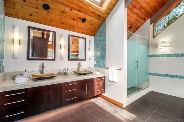 Bathroom, Dual Sink Vanities, Glass Shower, Interior, Wooden Ceilings