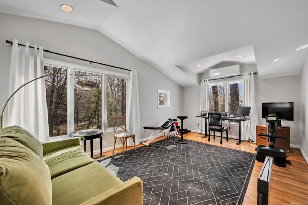 Fitness Equipment, Home Office, Interior, Recessed Lighting, Wood Texture Flooring