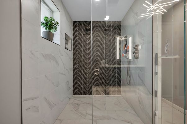 Bathroom, Glass Shower, Interior, Marble, Marble Walls, Recessed Lighting
