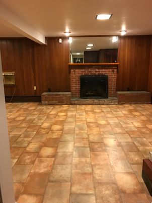 Empty room, Fireplace, Interior, Recessed Lighting, Wooden Walls
