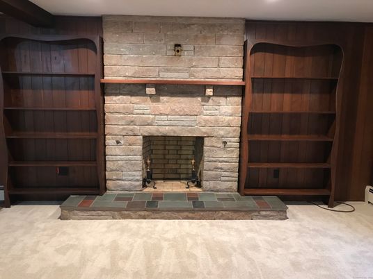 Fireplace, Interior, Recessed Lighting, Stone Walls