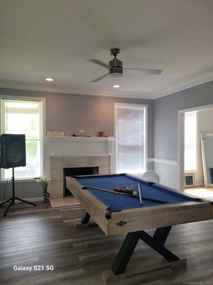 Billiard Table, Fireplace, Game Room, Interior, Recessed Lighting, Wood Texture Flooring