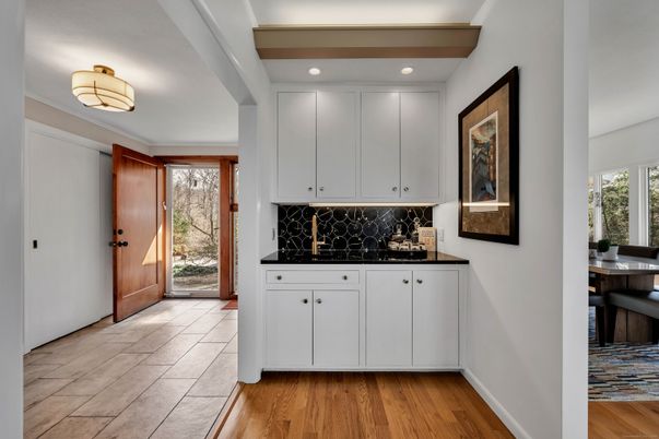 Dining room, Interior, Recessed Lighting, Wood Texture Flooring