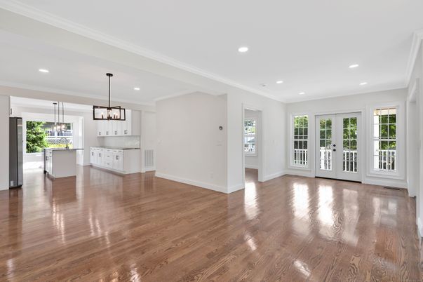 Empty room, Interior, Kitchen, Pendant Lights, Recessed Lighting, Wood Texture Flooring