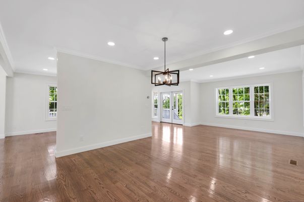 Empty room, Interior, Pendant Lights, Recessed Lighting, Wood Texture Flooring
