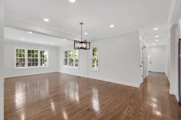 Empty room, Interior, Pendant Lights, Recessed Lighting, Wood Texture Flooring