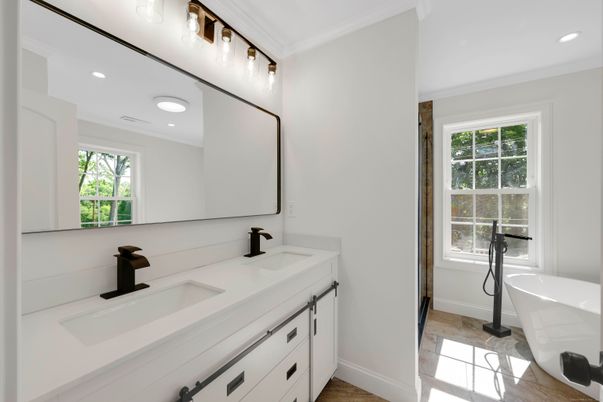 Bathroom, Dual Sink Vanities, Free Standing Baths, Interior, Recessed Lighting, Wood Texture Flooring