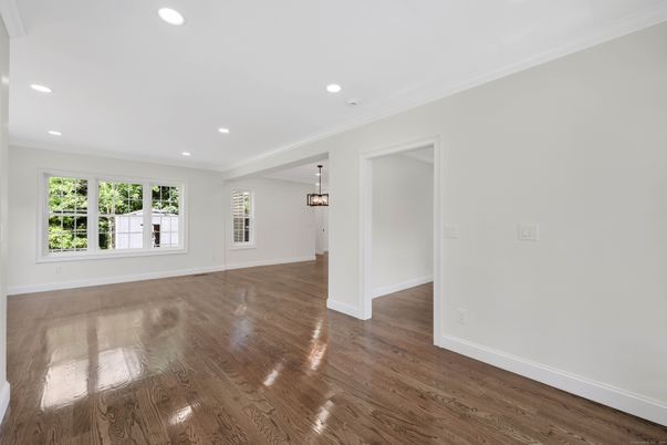 Empty room, Interior, Pendant Lights, Recessed Lighting, Wood Texture Flooring