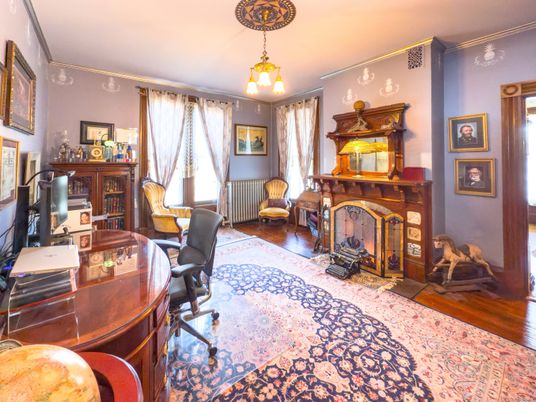 Fireplace, Home Office, Interior, Pendant Lights, Wood Texture Flooring