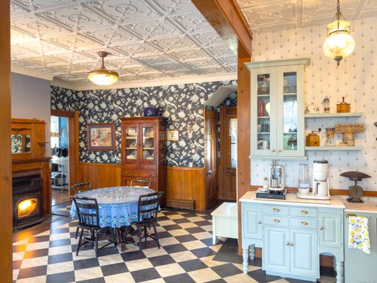 Dining room, Fireplace, Interior, Pendant Lights, Wooden Walls