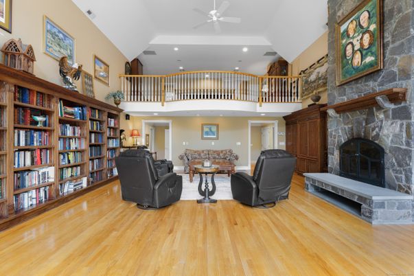 Fireplace, Interior, Living room, Recessed Lighting, Wood Texture Flooring