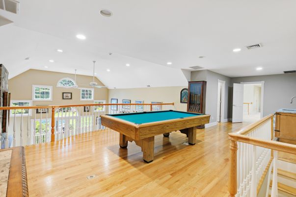 Billiard Table, Game Room, Interior, Pendant Lights, Recessed Lighting, Wood Texture Flooring