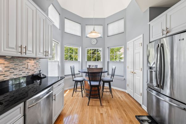 Dining room, Interior, Kitchen, Pendant Lights, Stainless Steel Appliances, Wood Texture Flooring