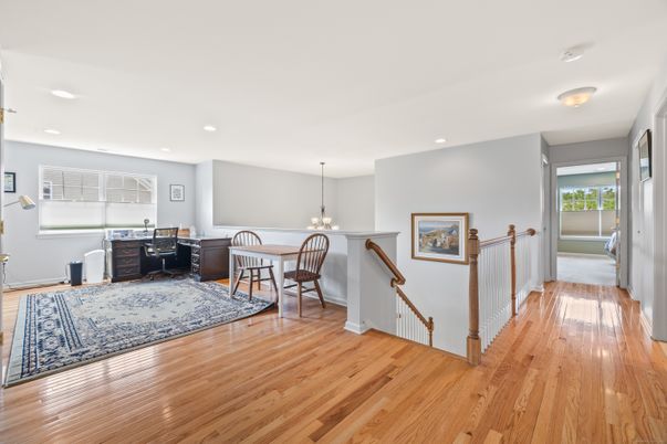 Chandelier, Home Office, Interior, Recessed Lighting, Wood Texture Flooring