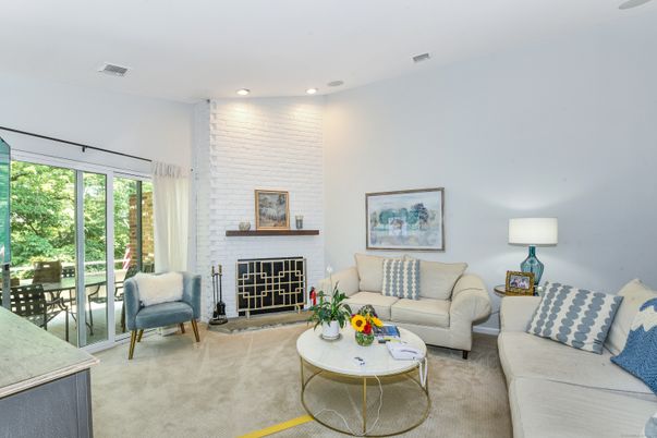 Fireplace, Interior, Living room, Recessed Lighting, Stone Walls