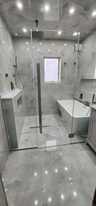 Bathroom, Free Standing Baths, Glass Shower, Interior, Marble Walls, Recessed Lighting