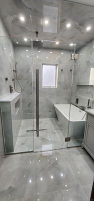 Bathroom, Glass Shower, Interior, Marble Walls, Recessed Lighting