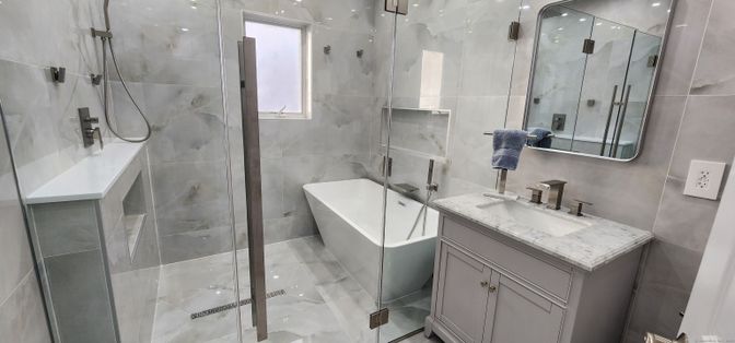 Bathroom, Dual Sink Vanities, Glass Shower, Interior, Marble, Recessed Lighting